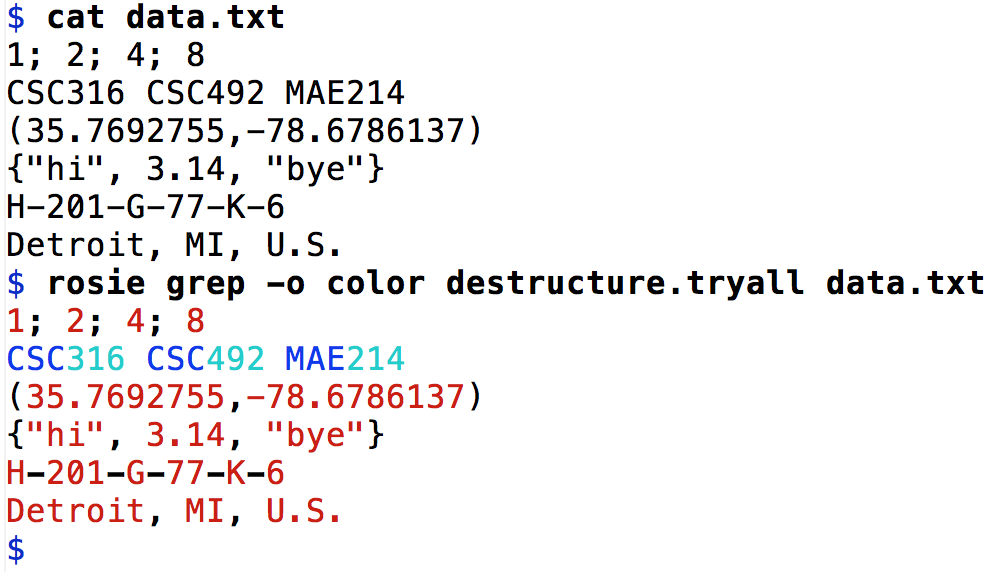 A single pattern named destructure.tryall is used with the rosie grep
command to match lines in a sample file.  The output is set to color, which is
used to indicate the following: (1) lists of items separated by commas or
semi-colons are parsed into their constituent pieces; (2) alphanumeric codes
like CSC316 are recognized as such, and the alpha part is shown in one color
while the numeric part is shown in another color to demonstrate that Rosie
parsed it correctly; (3) some of the sample input is enclosed in braces or
parentheses.